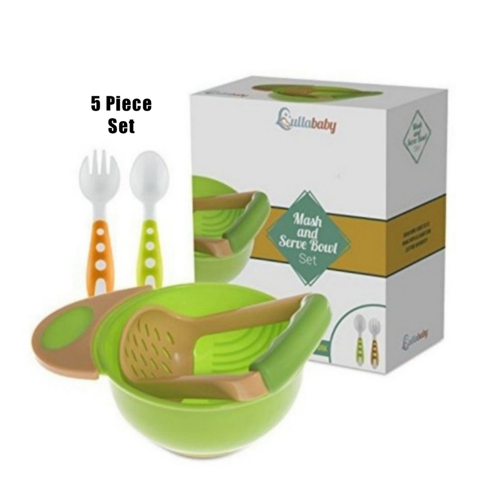 Baby Orange Green Mash & Serve Bowl Training Fork Spoon 5 Piece Feeding Set NEW